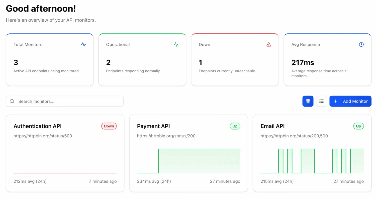 Pingmate dashboard showing API monitors